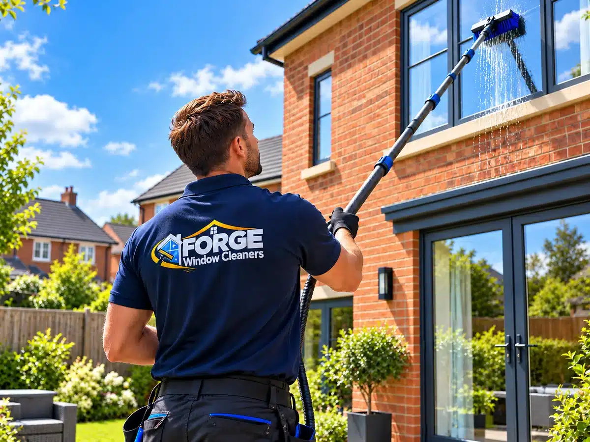 FORGE window cleaner using a water-fed pole to clean house windows