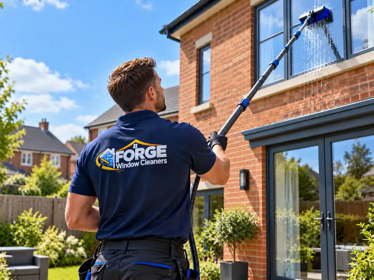 FORGE Window Cleaners operative using a water-fed pole to clean upstairs windows at a home