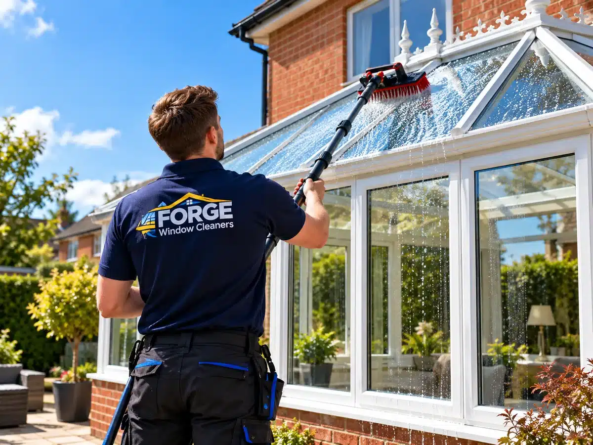 FORGE Window Cleaners professional cleaning the glass roof of a conservatory using a water-fed brush