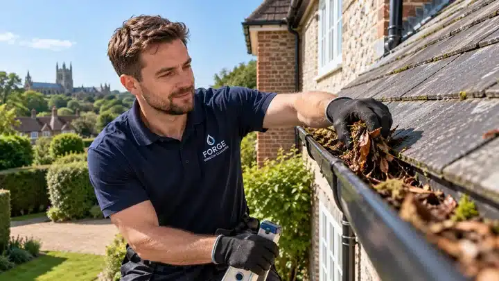 Professional gutter cleaner removing leaves and moss from a residential roof gutter