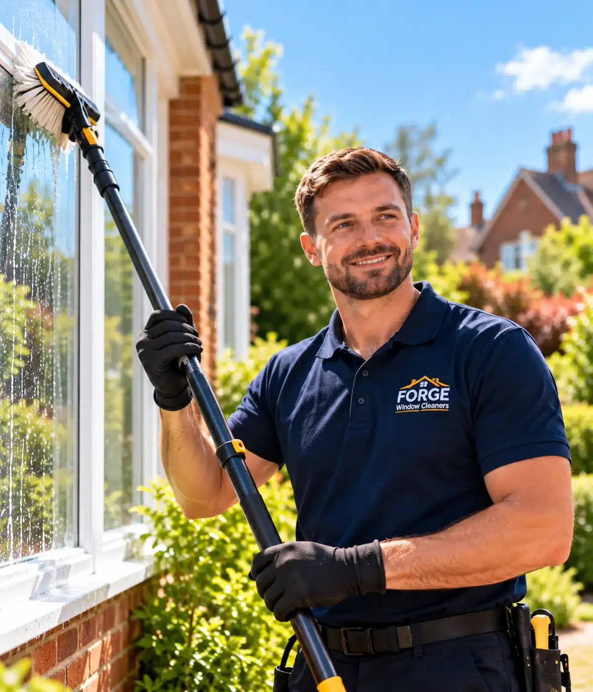 Smiling FORGE window cleaner with a water-fed pole beside a house window