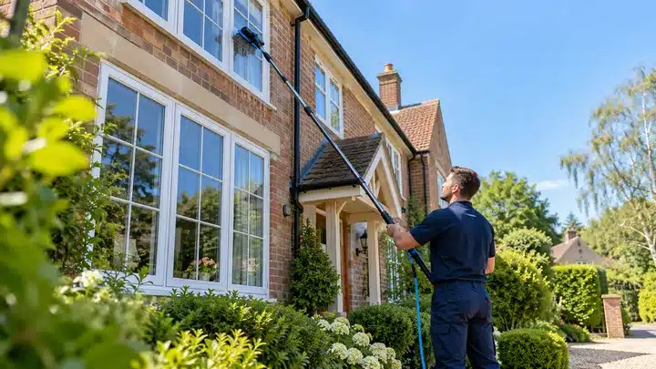 Professional window cleaner using a water-fed pole to clean the upper windows of a Hampshire home